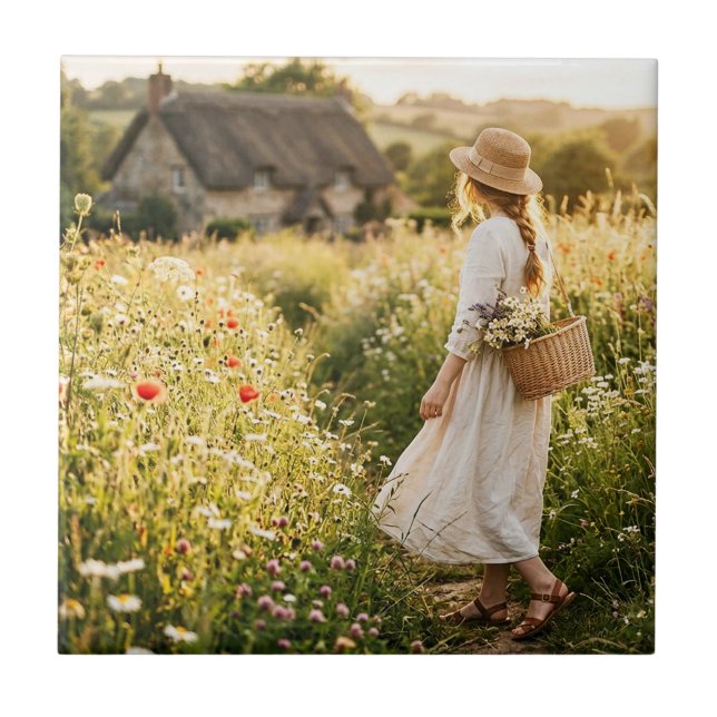 Woman in Field of Wheat Ceramic Tile (Front)