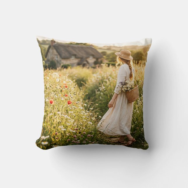 Woman in Field of Wheat Throw Pillow (Front)