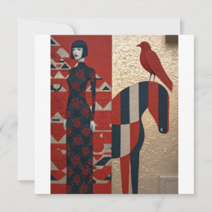 Woman in flowered dress, checkered horse & redbird