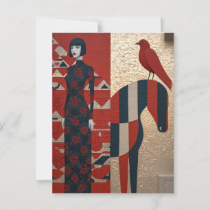 Woman in flowered dress, checkered horse & redbird postcard