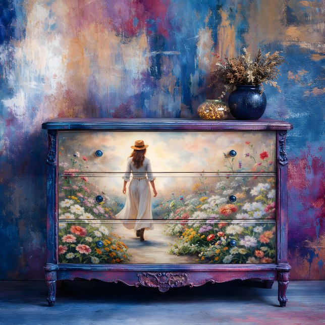 Woman in Garden Path - Romantic Floral Decoupage Tissue Paper (Garden Path Wanderer - Romantic Floral Decoupage Tissue Paper)