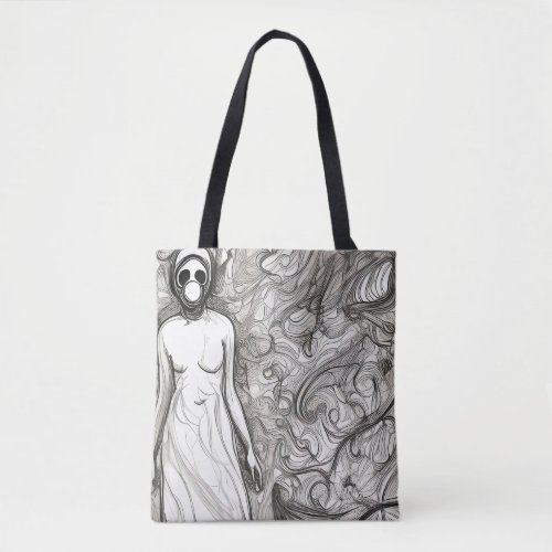 Woman in gas mask tote bag