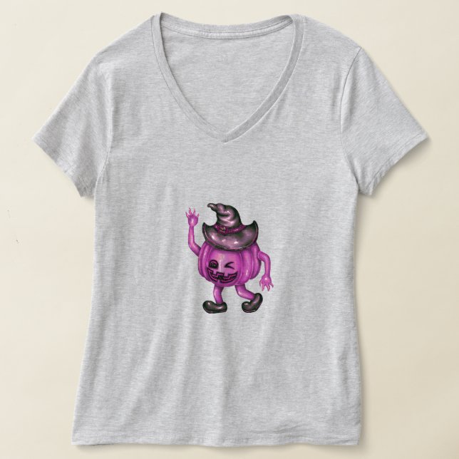 Woman in Gray V-Neck T-Shirt - Witch Hat Pumpkin (Laydown)