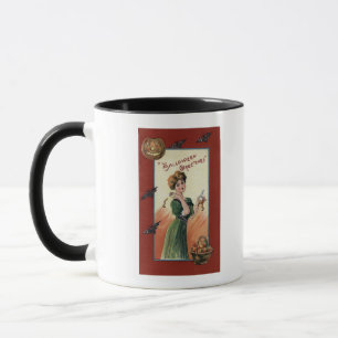 Woman in Green Dress Peeling Apple Mug