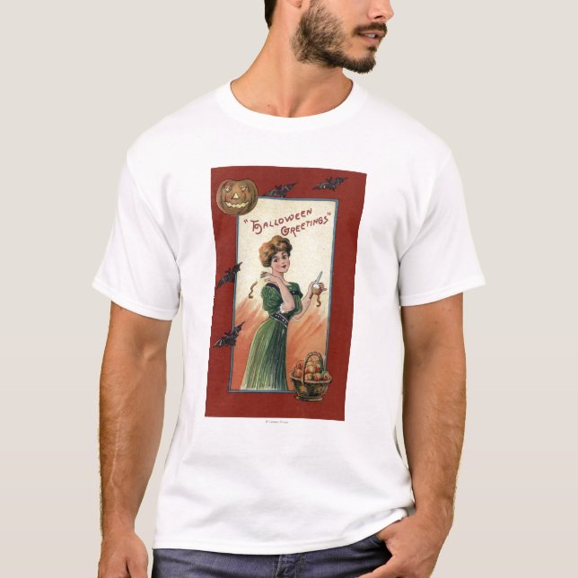 Woman in Green Dress Peeling Apple T-Shirt (Front)
