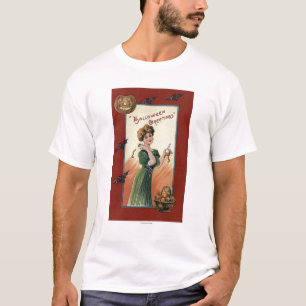 Woman in Green Dress Peeling Apple T-Shirt