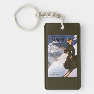 Woman in Green Skiing Poster Keychain