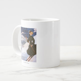 Woman in Green Skiing Poster Large Coffee Mug