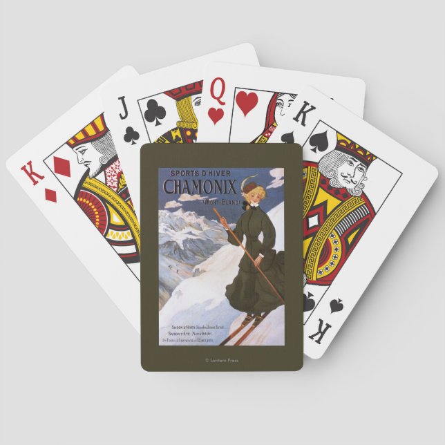 Woman in Green Skiing Poster Poker Cards (Back)