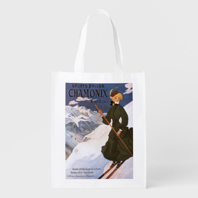 Woman in Green Skiing Poster Reusable Grocery Bag (Front)