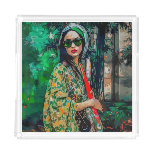 Woman in Green Sunglasses  Acrylic Tray