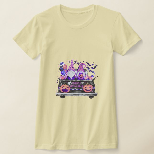 Woman in Halloween Gnomes Pickup Truck T-Shirt (Laydown)