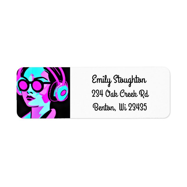 Woman in Headphones Pink and Teal Label (Front)