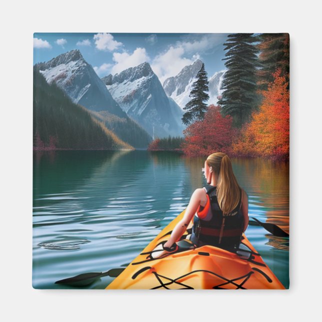 Woman in Kayak Floating down the Beautiful Lake Magnet (Front)