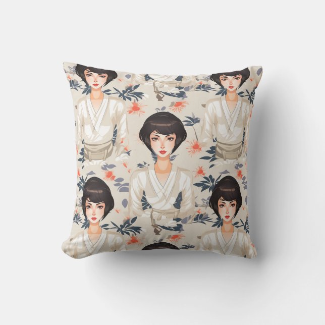 Woman in kimono with anime style throw pillow (Front)