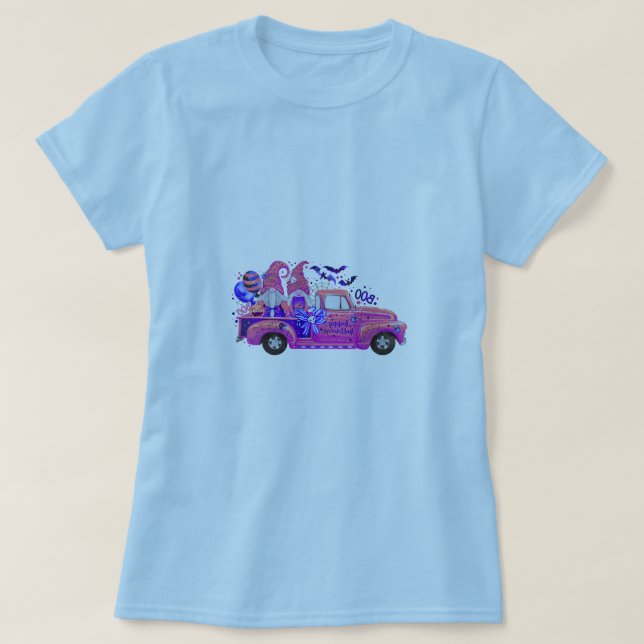 Woman in Light Blue T-Shirt with Halloween Gnome T (Design Front)