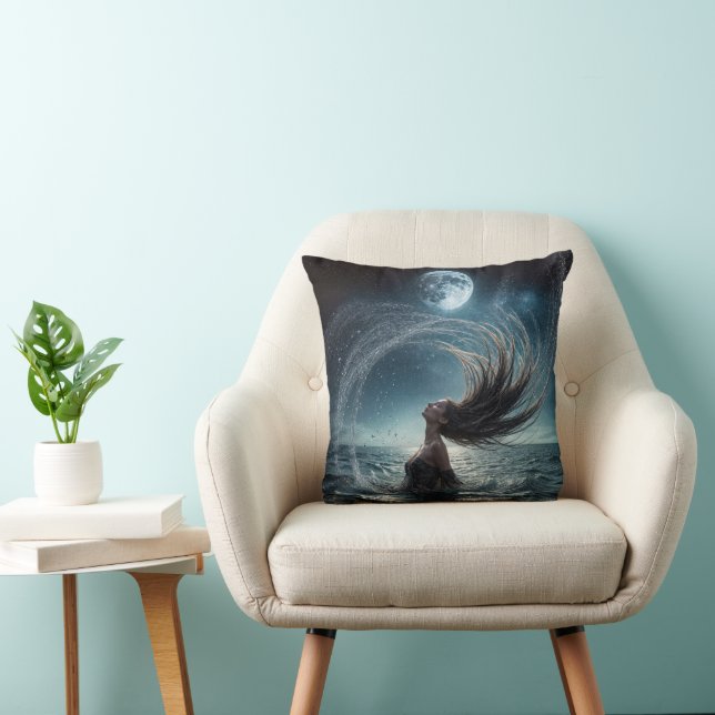 Woman In Ocean Moonlight Throw Pillow (Chair)