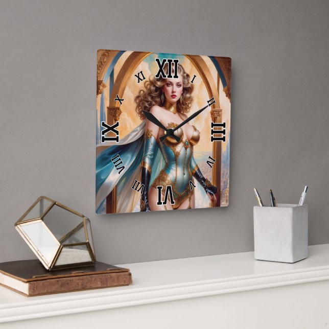 Woman In Opulent Gold Turquoise Attire by Xzendor7 Square Wall Clock (Office)