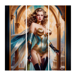 Woman In Opulent Gold Turquoise Attire by Xzendor7 Triptych