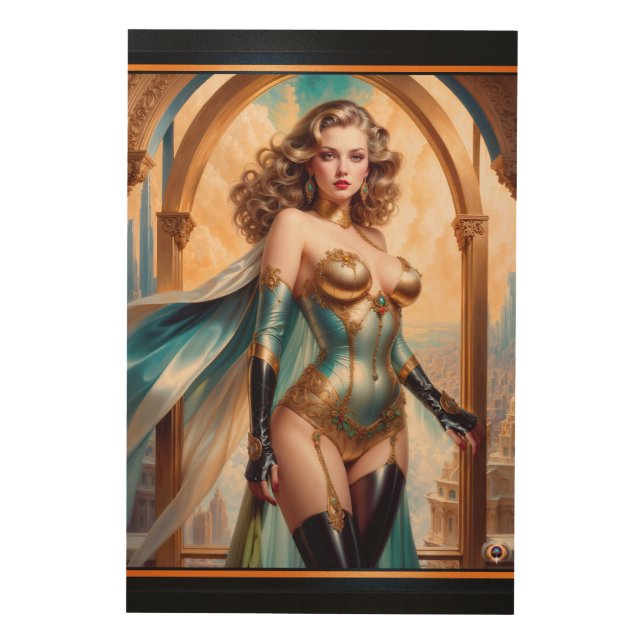 Woman In Opulent Gold Turquoise Attire by Xzendor7 Wood Wall Art (Front)
