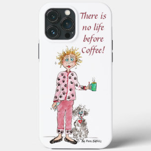 Woman in pajamas needs her coffee colored drawing iPhone 13 pro max case