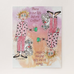 Woman in pajamas needs her coffee colored drawing jigsaw puzzle