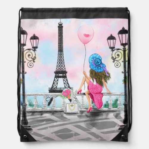 Woman In Paris Drawstring Bag Eiffel Tower