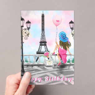 Woman In Paris Eiffel Tower Acrylic Birthday Card Acrylic Invitations