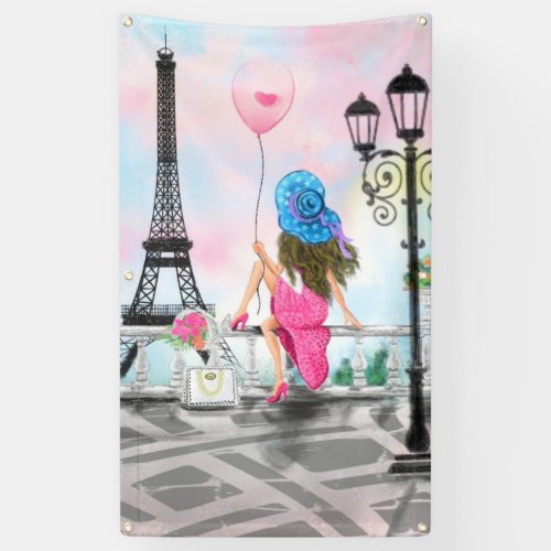 Woman In Paris Eiffel Tower Banner