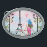 Woman In Paris Eiffel Tower Belt Buckle<br><div class="desc">Pretty Lady with Pink Heart Balloon - I Love Paris - Romantic Drawing - Choose / Add Your Unique Text / Font / Color - Make Your Special Gift - Resize and move or remove and add elements - Image / text with customization tool ! - Drawing and Design by...</div>