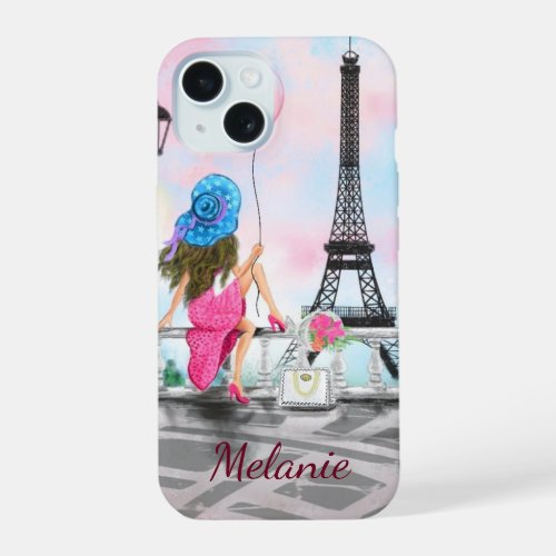 Woman In Paris Eiffel Tower Custom Name iPhone 15 Case