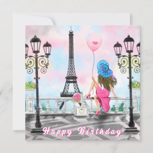 Woman In Paris Eiffel Tower Happy Birthday Card