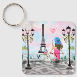 Woman In Paris Eiffel Tower Keychain
