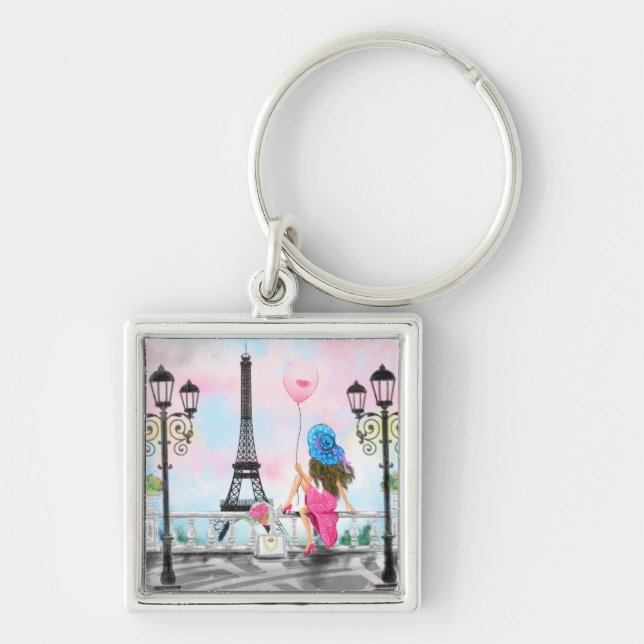 Woman In Paris Eiffel Tower Keychain Gift (Front)