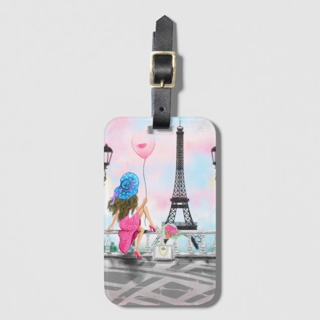 Woman in Paris Eiffel Tower Luggage Tag Gift (Front Vertical)