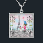 Woman In Paris Eiffel Tower Necklace Gift<br><div class="desc">Pretty Lady with Pink Heart Balloon - I Love Paris - Romantic Drawing - Choose / Add Your Unique Text / Font / Color - Make Your Special Gift - Resize and move or remove and add elements - Image / text with customization tool ! - Drawing and Design by...</div>