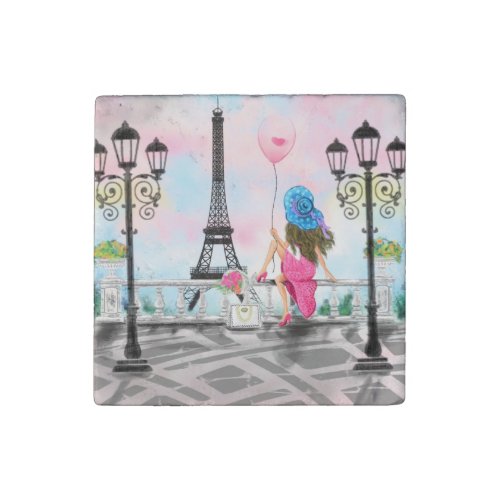 Woman In Paris Eiffel Tower Stone Magnet Gift