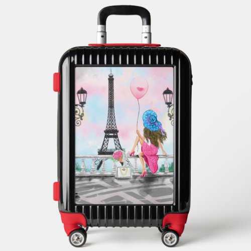 Woman in Paris Eiffel Tower Travel Luggage