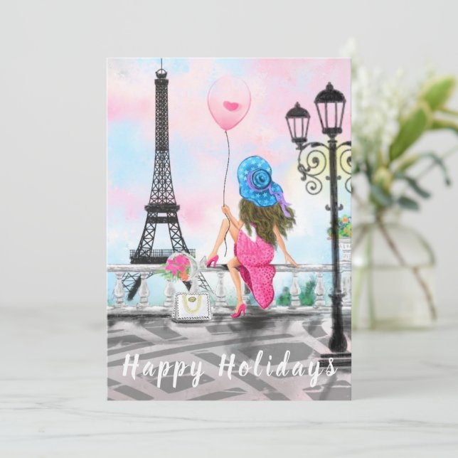 Woman In Paris Happy Holidays Card (Standing Front)