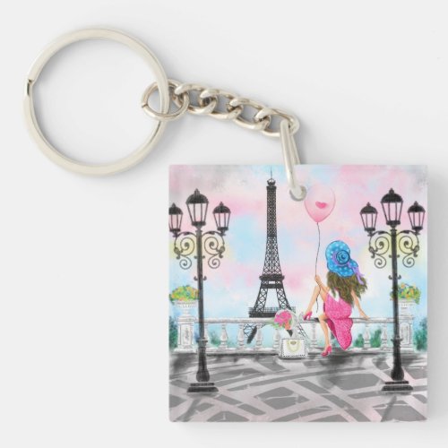 Woman In Paris Keychain Eiffel Tower