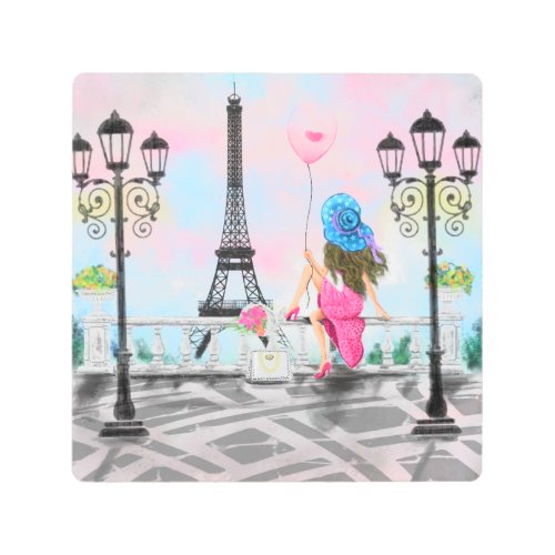 Woman In Paris Metal Print Eiffel Tower