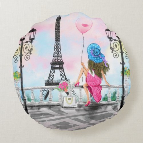 Woman In Paris Round Pillow with Eiffel Tower