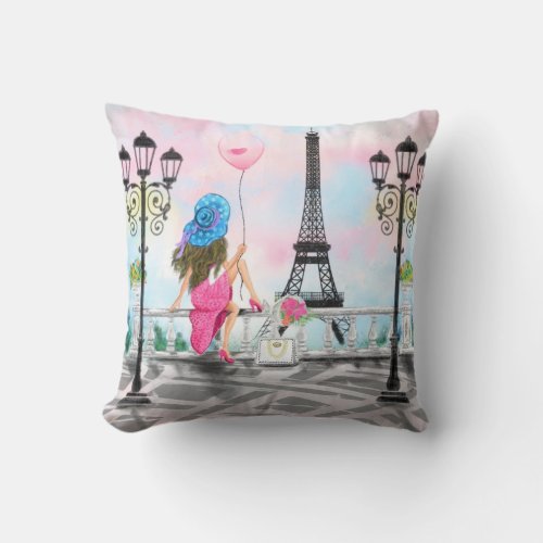 Woman In Paris Throw Pillow with Eiffel Tower