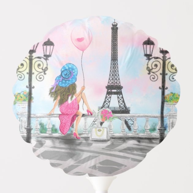 Woman In Paris with Pink Balloon - Eiffel Tower | Zazzle