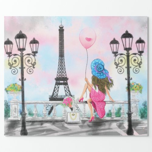 Woman In Paris Wrapping Paper with Eiffel Tower