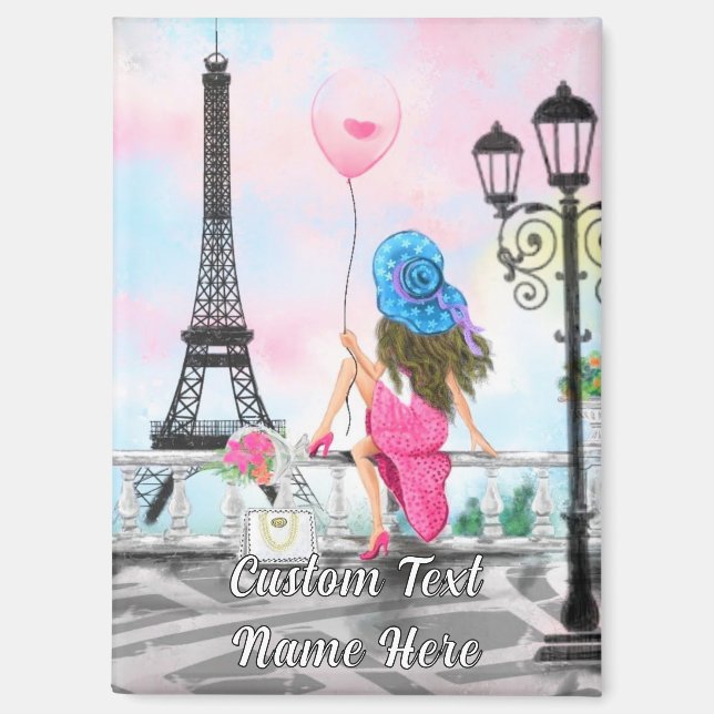 Woman In Partis Eiffel Tower Magnet Custom Text (Front)