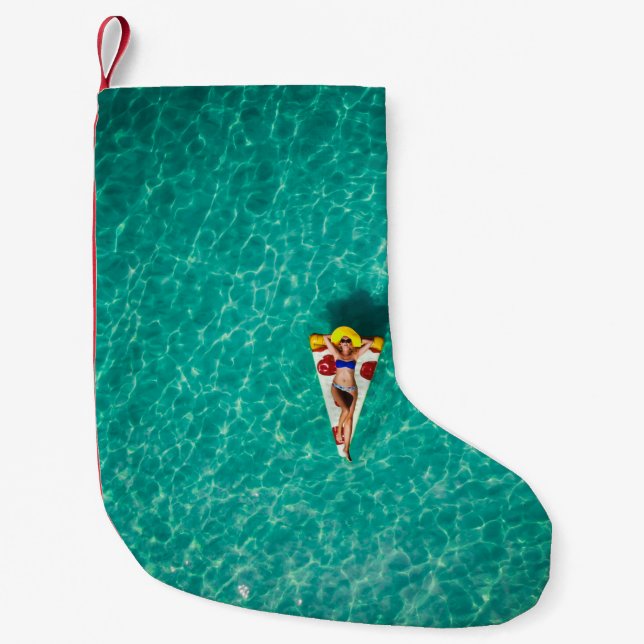 Woman in pizza float small christmas stocking (Front)