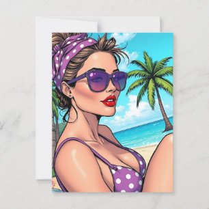 Woman in Purple Polka Dot Bikini on Beach Postcard