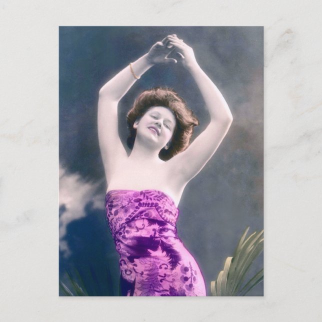 woman in purple sarong , arms raised as if dancing postcard (Front)