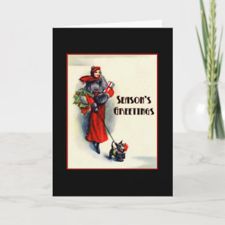 Woman in red coat shopping w Scottish Terrier Holiday Card
